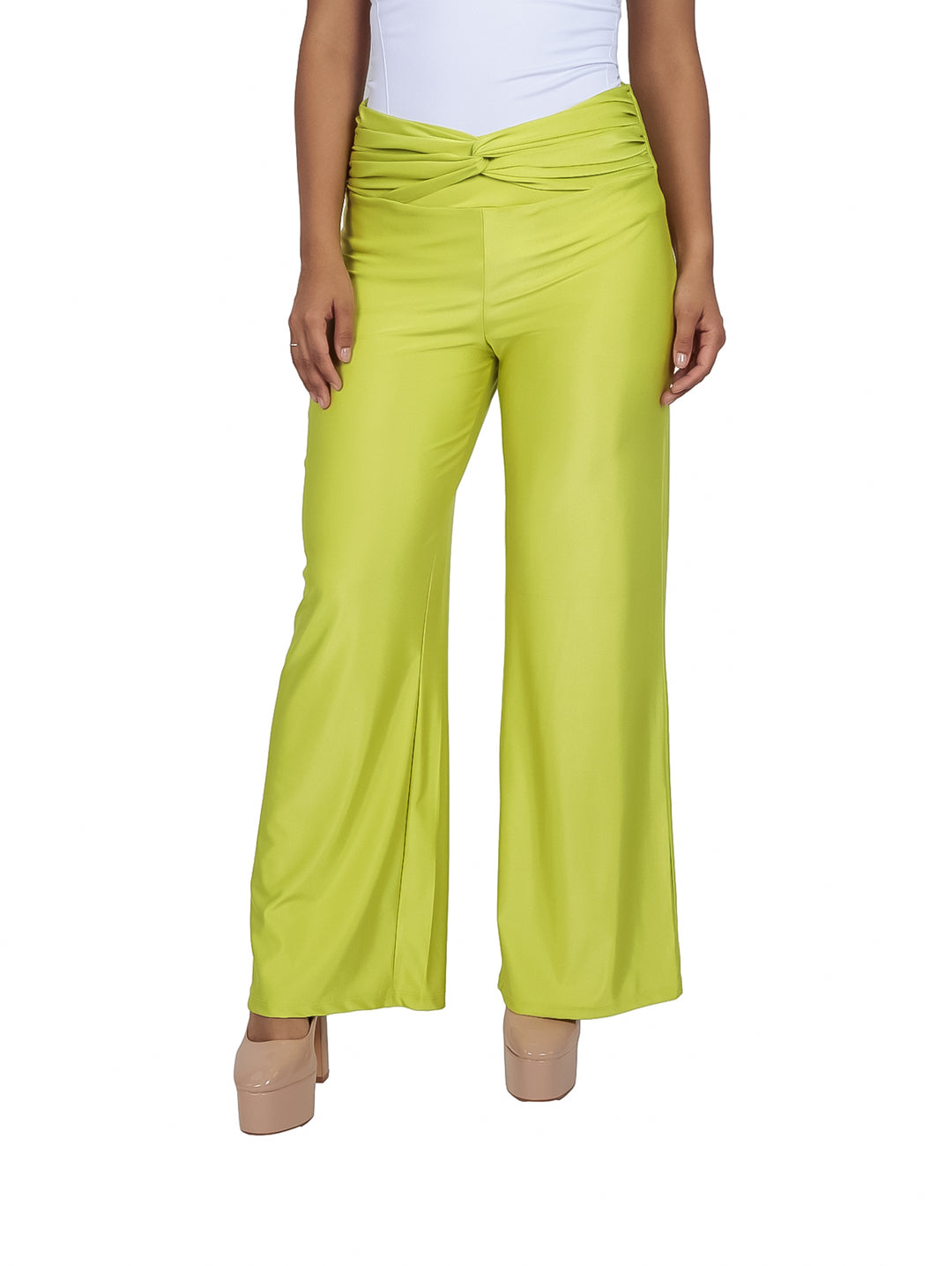 Pantalón recto color lima de cintura alta para mujer.