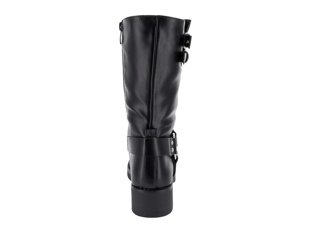 Bota negra de material sintético con hebillas plateadas y suela gruesa.