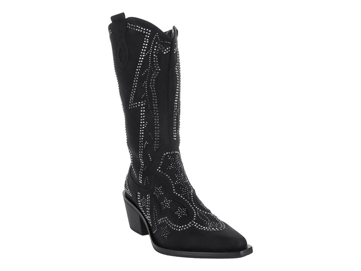 Bota vaquera negra con detalles de pedrería brillante y punta afilada.