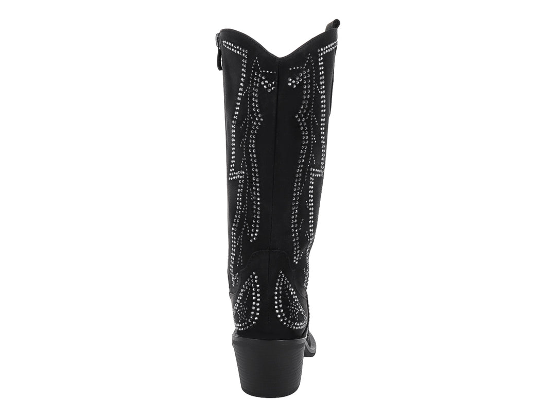 Bota vaquera negra con detalles de pedrería brillante y punta afilada.