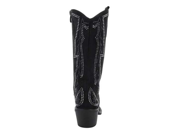 Bota vaquera negra con detalles de pedrería brillante y punta afilada.