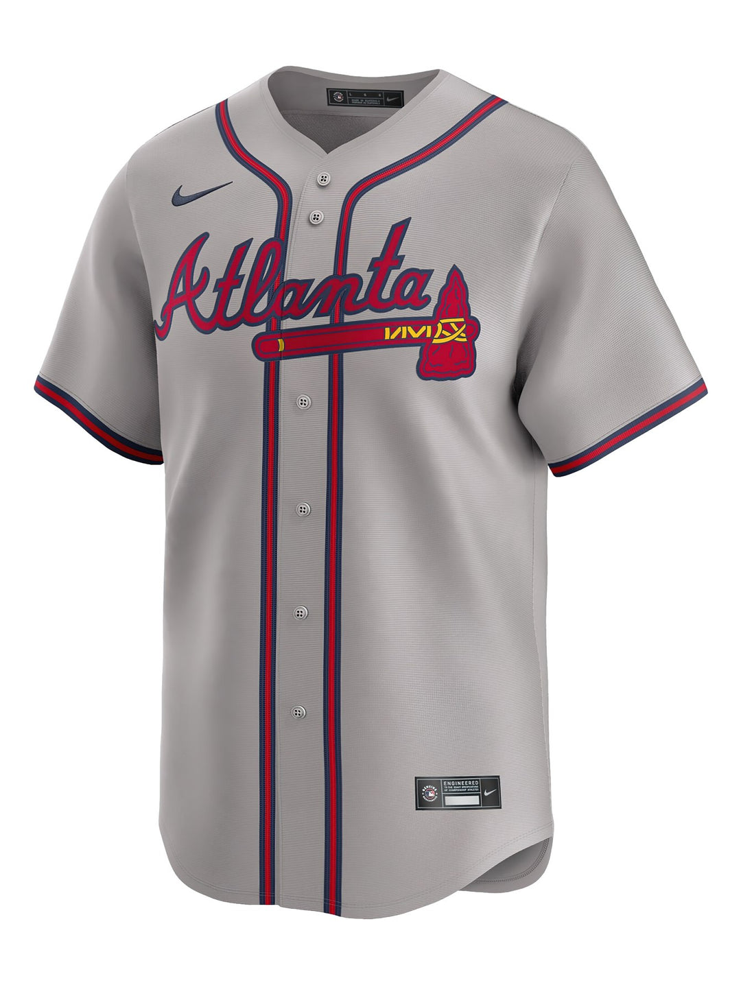 Jersey de béisbol Nike de los Atlanta Braves en color gris con detalles en rojo y azul.