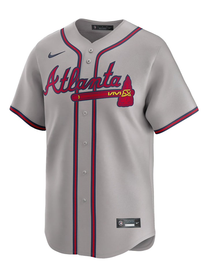 Jersey de béisbol Nike de los Atlanta Braves en color gris con detalles en rojo y azul.