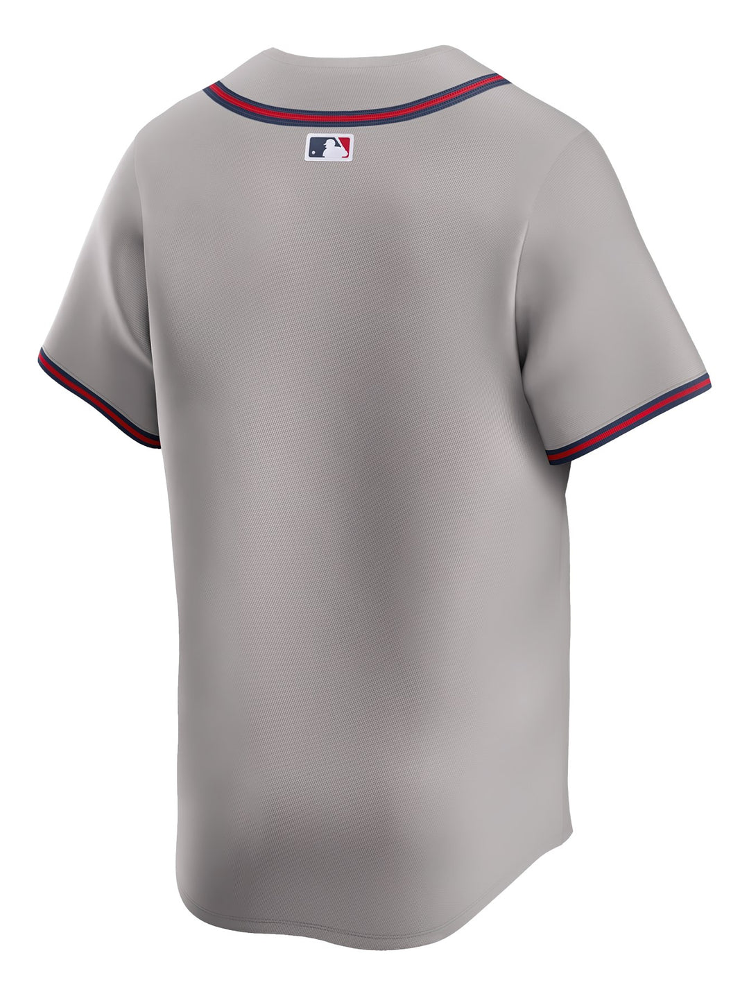 Jersey de béisbol Nike de los Atlanta Braves en color gris con detalles en rojo y azul.