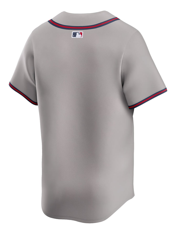 Jersey de béisbol Nike de los Atlanta Braves en color gris con detalles en rojo y azul.