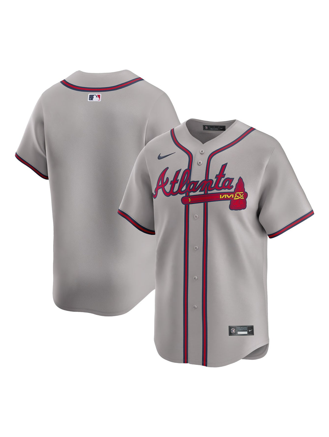 Jersey de béisbol Nike de los Atlanta Braves en color gris con detalles en rojo y azul.