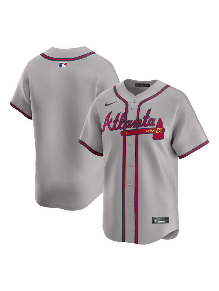 Jersey de béisbol Nike de los Atlanta Braves en color gris con detalles en rojo y azul.