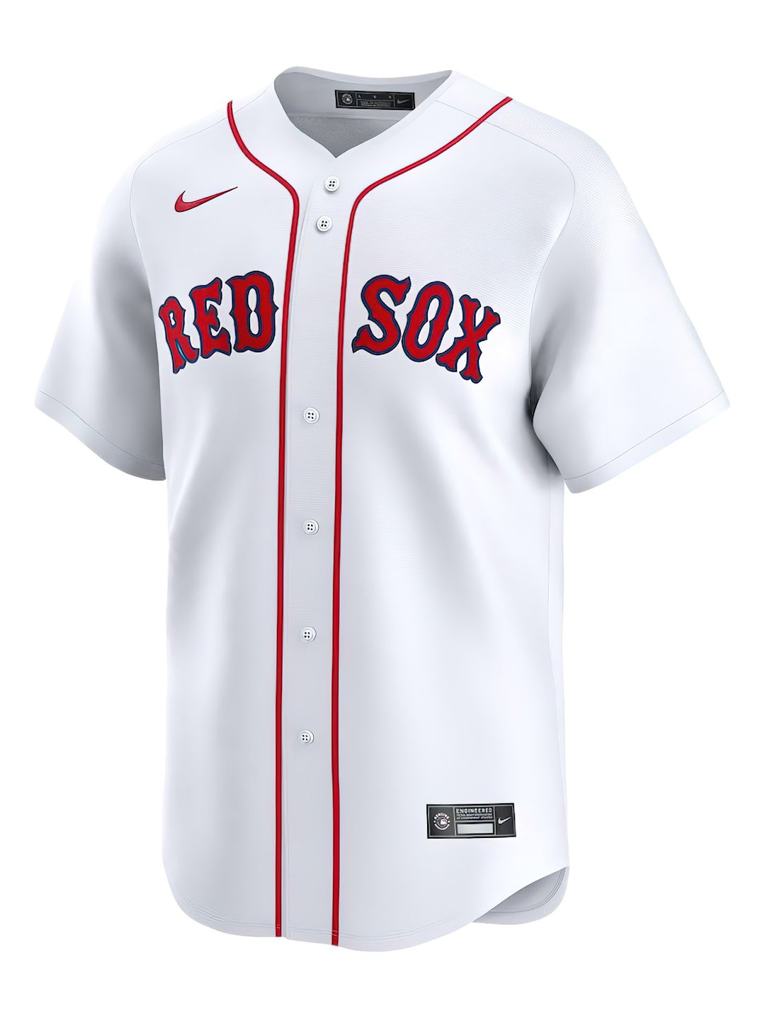 Jersey de béisbol Boston Red Sox color blanco con detalles y letras en rojo, marca Nike.