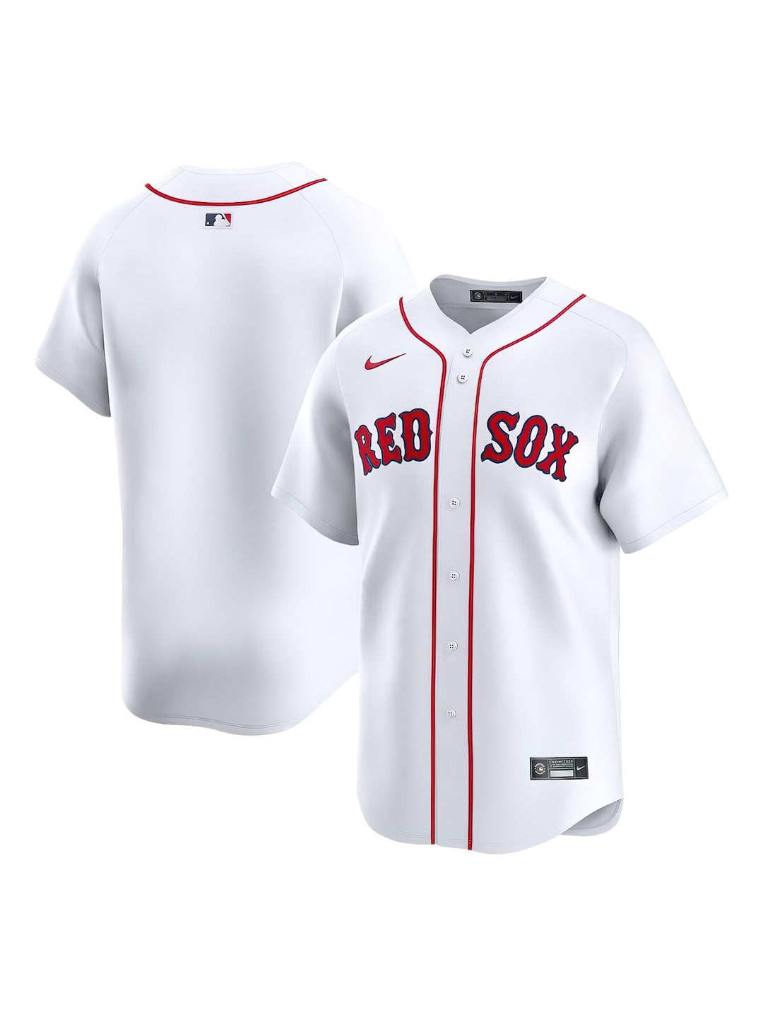 Jersey de béisbol Boston Red Sox color blanco con detalles y letras en rojo, marca Nike.