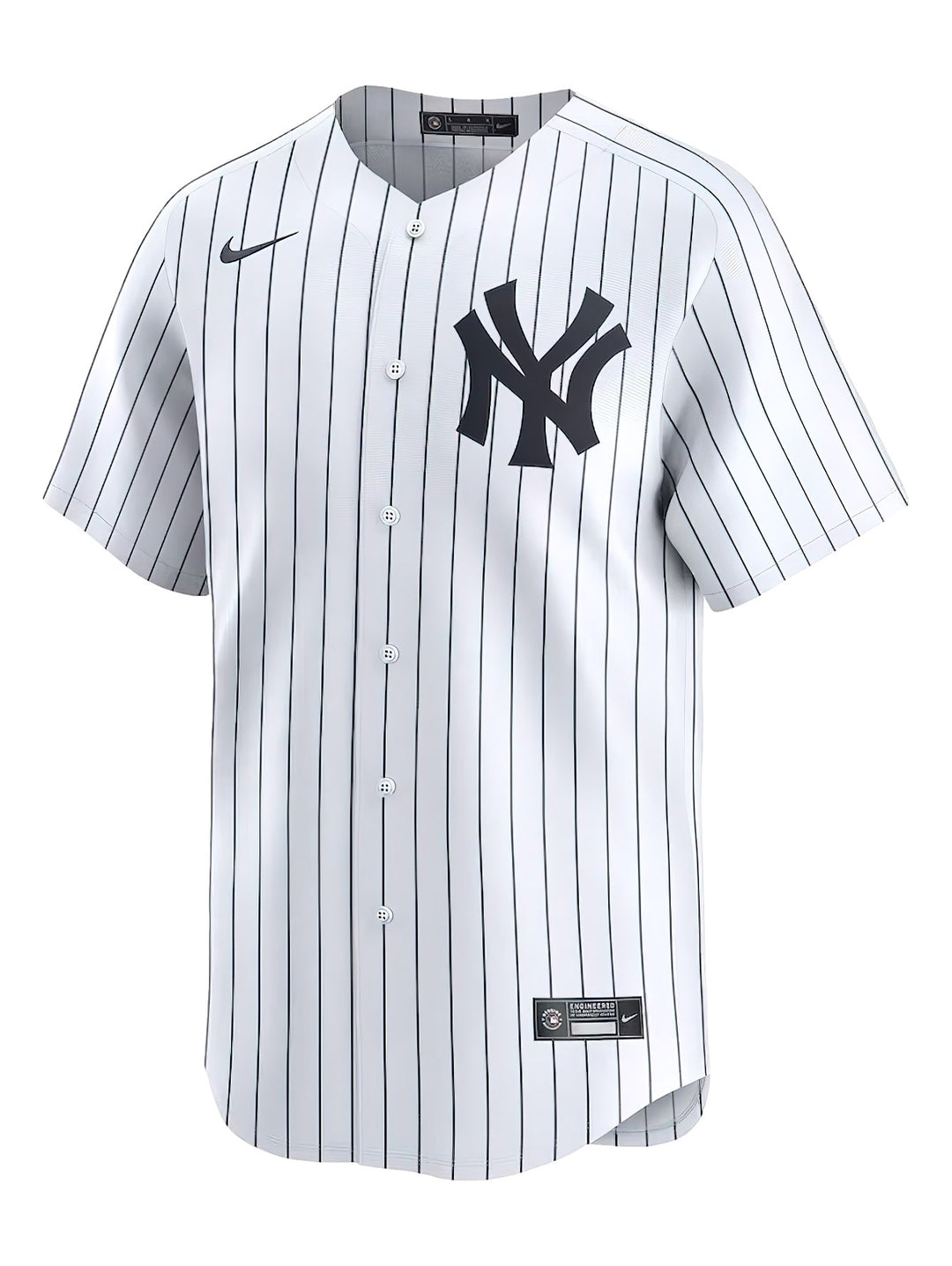 Jersey de béisbol blanco con rayas azules verticales y logo de New York Yankees en el pecho.