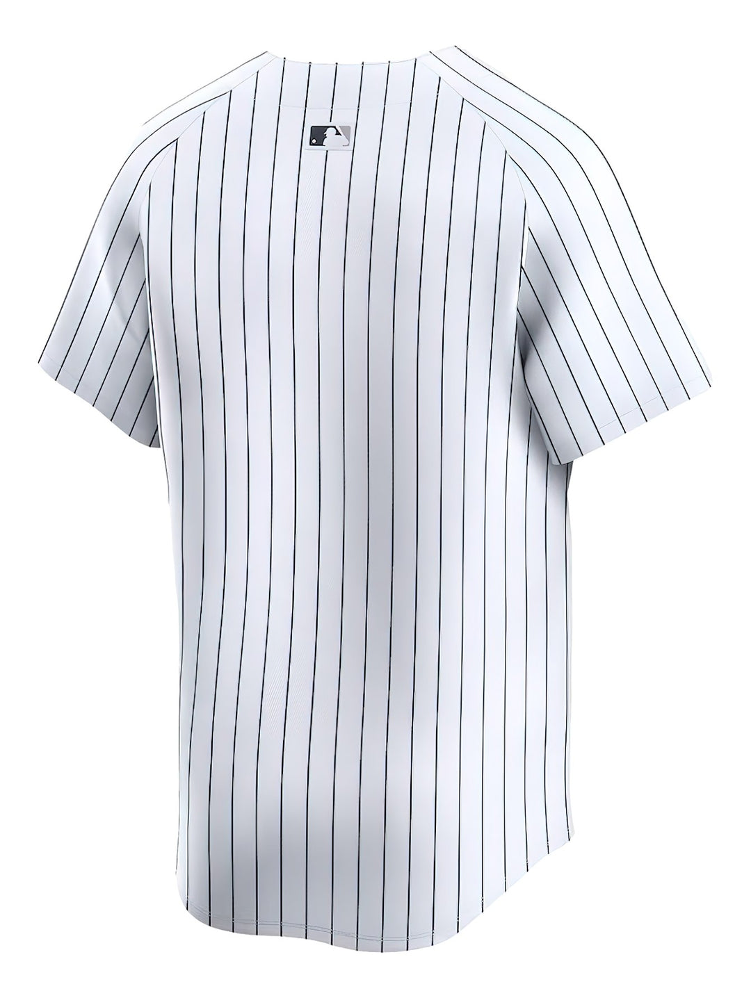 Jersey de béisbol blanco con rayas azules verticales y logo de New York Yankees en el pecho.