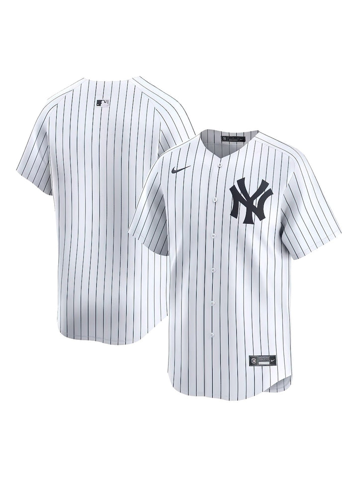 Jersey de béisbol blanco con rayas azules verticales y logo de New York Yankees en el pecho.
