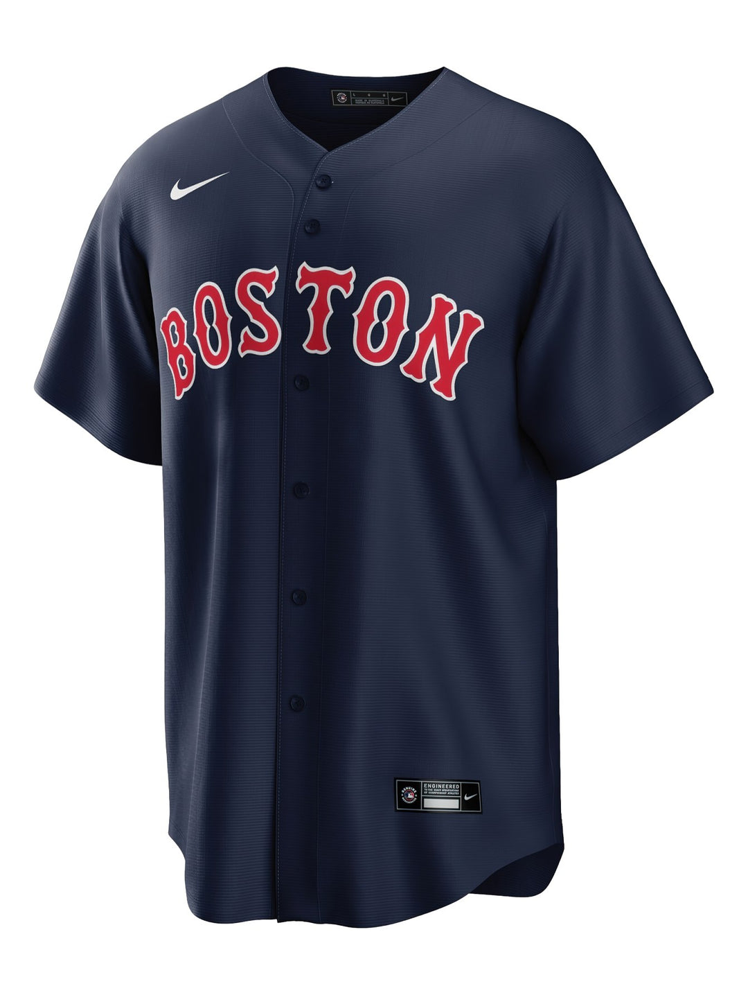 Jersey de béisbol Nike color azul marino con la palabra BOSTON en letras rojas y botones frontales.