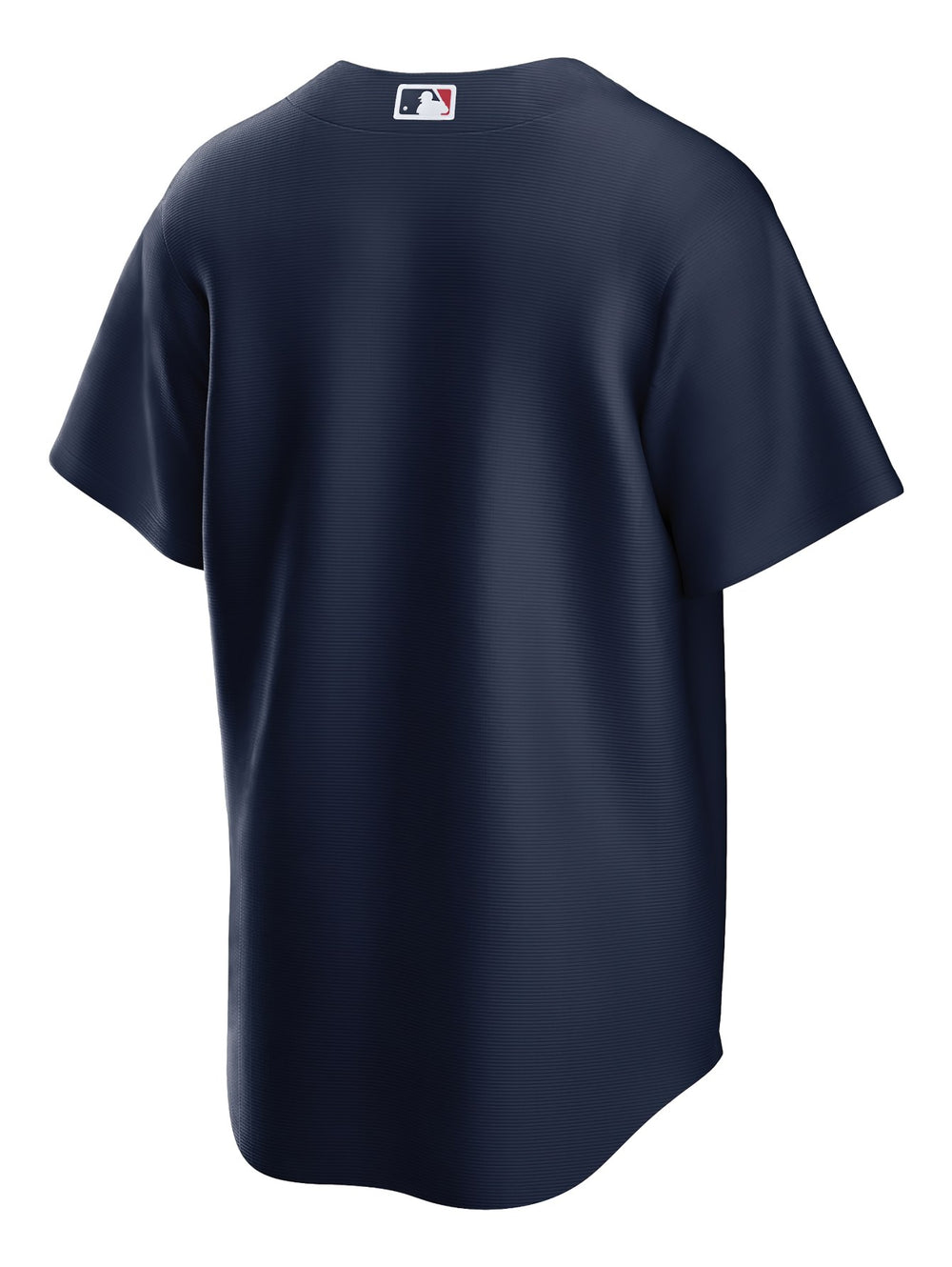 Jersey de béisbol Nike color azul marino con la palabra BOSTON en letras rojas y botones frontales.