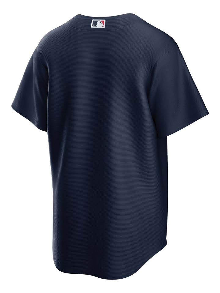 Jersey de béisbol Nike color azul marino con la palabra BOSTON en letras rojas y botones frontales.