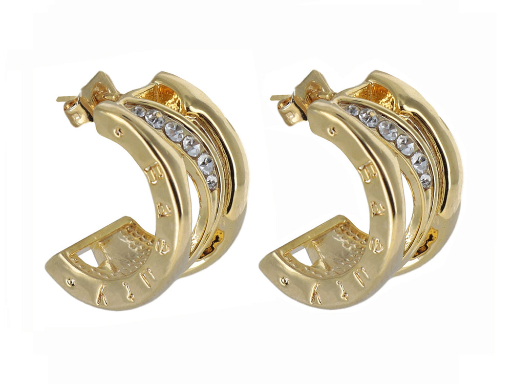 Par de pendientes dorados con diseño curvo y detalles de piedras brillantes incrustadas.