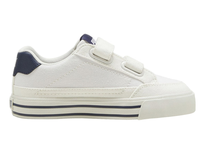 Tenis PUMA blancos con detalles en azul marino y cierre de velcro para Niño.