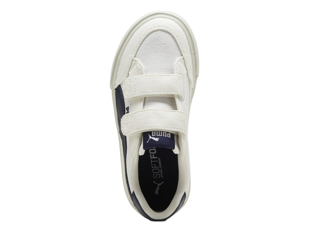 Tenis PUMA blancos con detalles en azul marino y cierre de velcro para Niño.