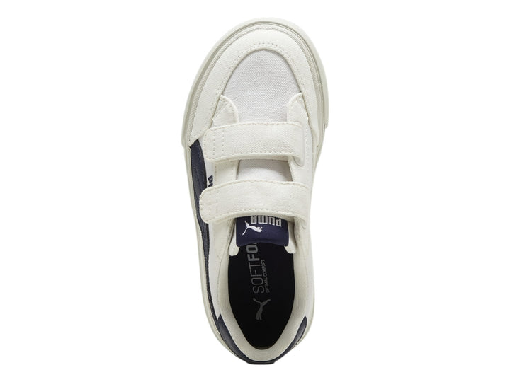 Tenis PUMA blancos con detalles en azul marino y cierre de velcro para Niño.