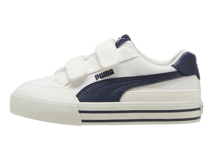 Tenis PUMA blancos con detalles en azul marino y cierre de velcro para Niño.