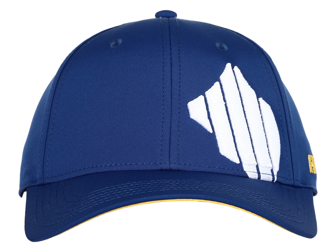 Gorra deportiva K-Swiss color azul con logotipo blanco frontal y detalles en amarillo en la visera y lateral.