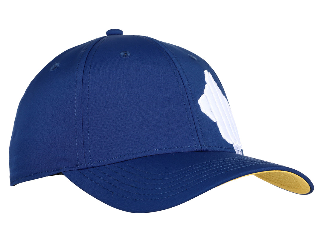Gorra deportiva K-Swiss color azul con logotipo blanco frontal y detalles en amarillo en la visera y lateral.