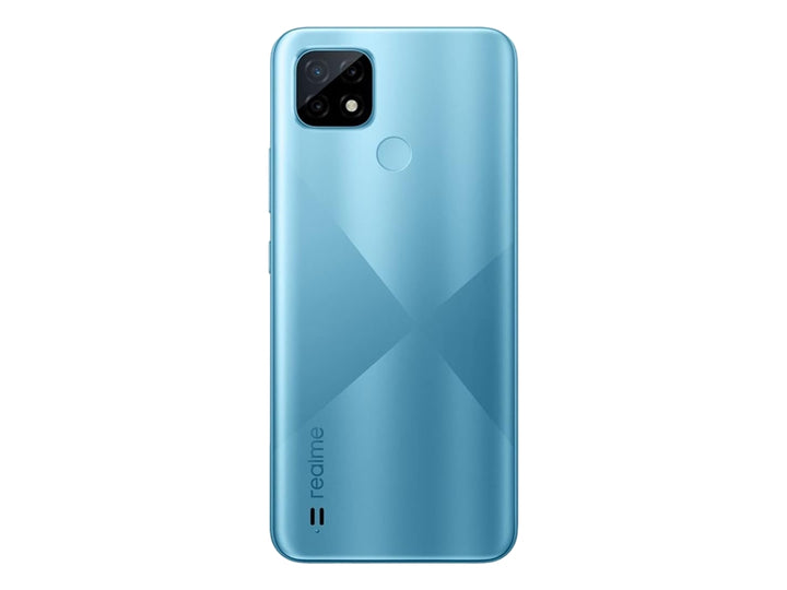 Teléfono inteligente Realme C21Y en color azul, vista frontal y posterior sobre fondo blanco.