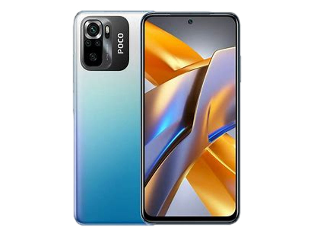 Teléfono inteligente Xiaomi Poco M5s en color azul con vista frontal y posterior.