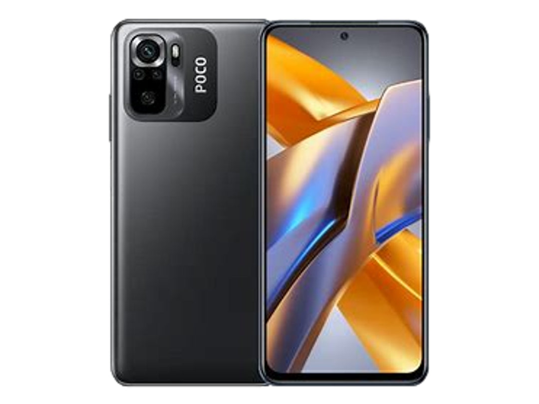 Smartphone Xiaomi Poco M5s color gris, vista frontal con pantalla encendida y vista posterior.