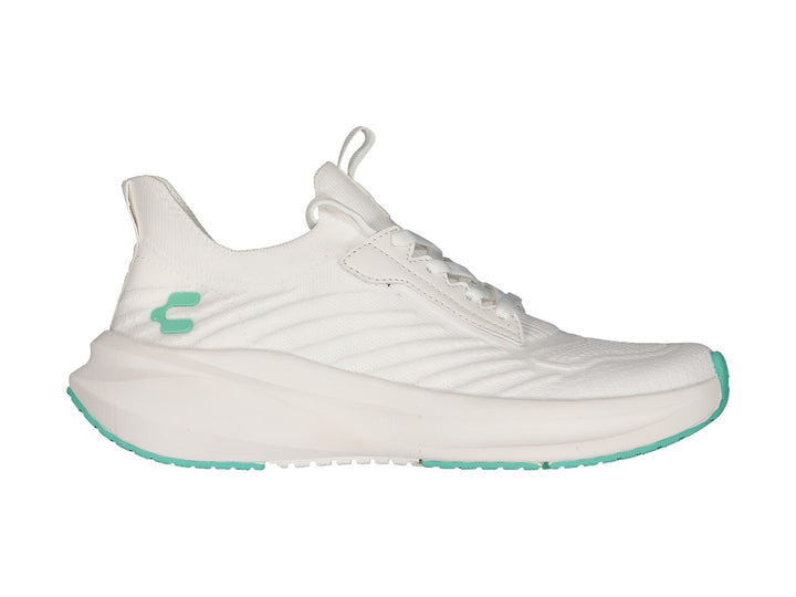 Tenis deportivos Charly color blanco con detalles en verde menta en la suela y logotipo.