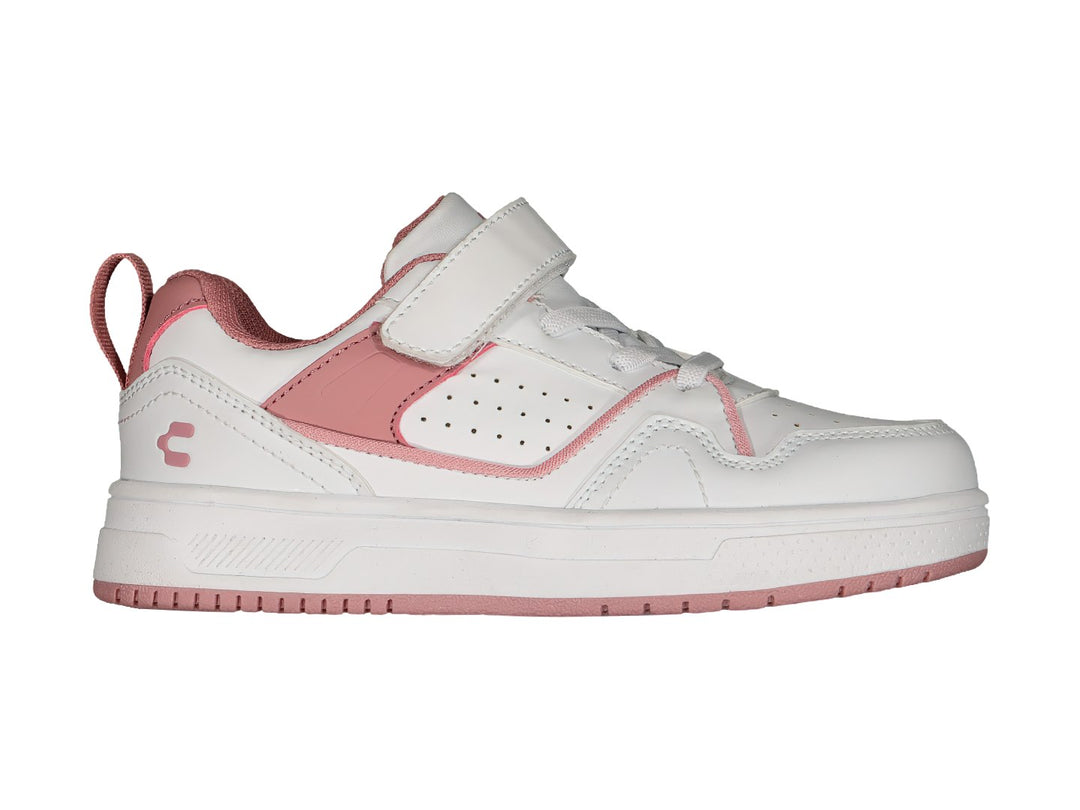 Tenis deportivos Charly para niña en color blanco con detalles en rosa y cierre de velcro.