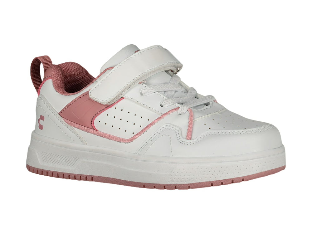 Tenis deportivos Charly para niña en color blanco con detalles en rosa y cierre de velcro.