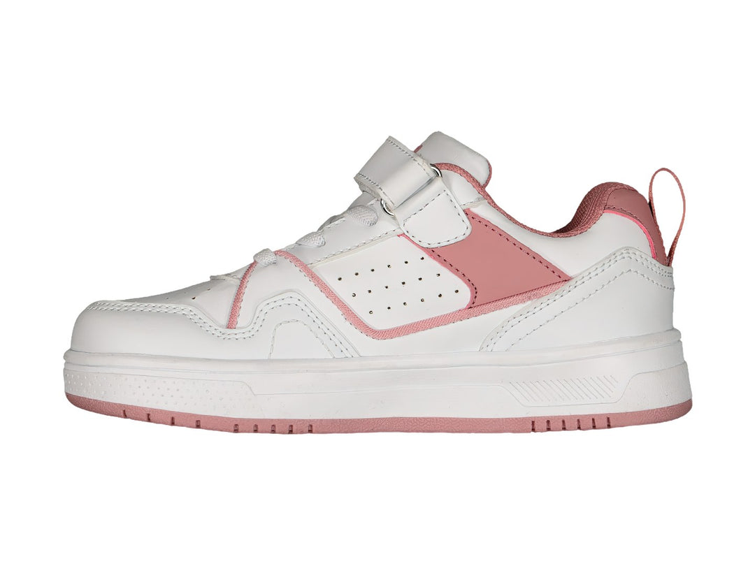 Tenis deportivos Charly para niña en color blanco con detalles en rosa y cierre de velcro.