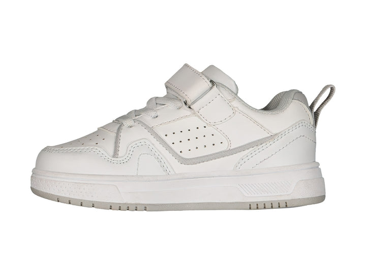Tenis deportivos blancos con cierre de velcro y logotipo dorado en el lateral.