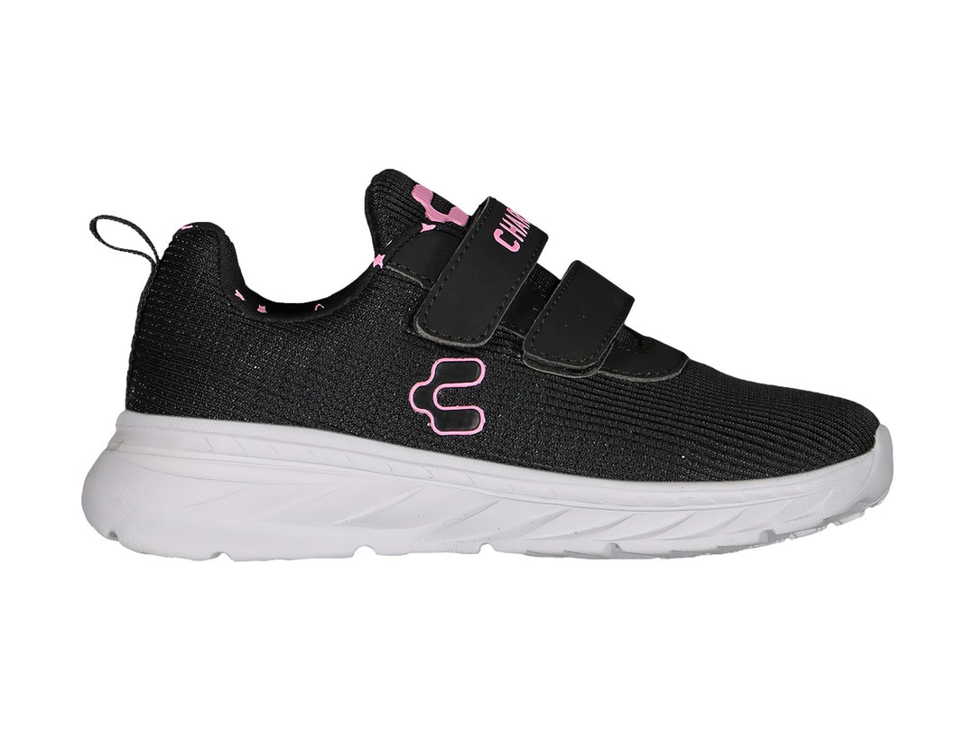 Tenis deportivos Charly color negro con suela blanca y detalles en rosa, cierre de velcro para niños.