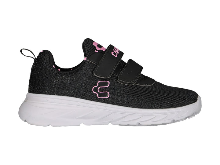 Tenis deportivos Charly color negro con suela blanca y detalles en rosa, cierre de velcro para niños.