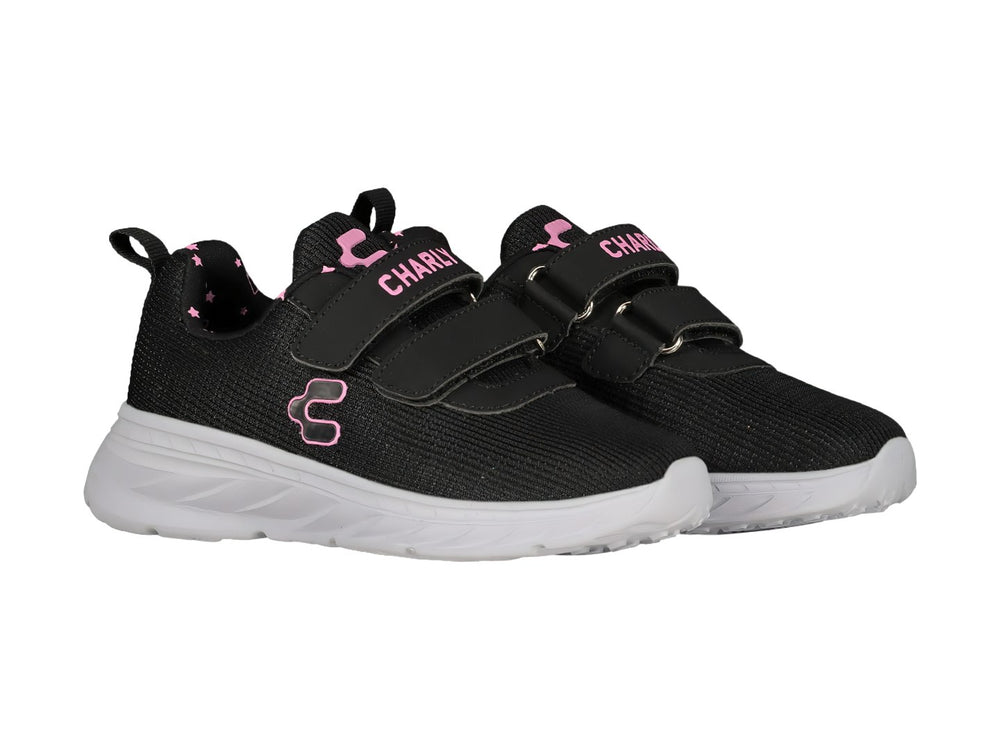 Tenis deportivos Charly color negro con suela blanca y detalles en rosa, cierre de velcro para niños.