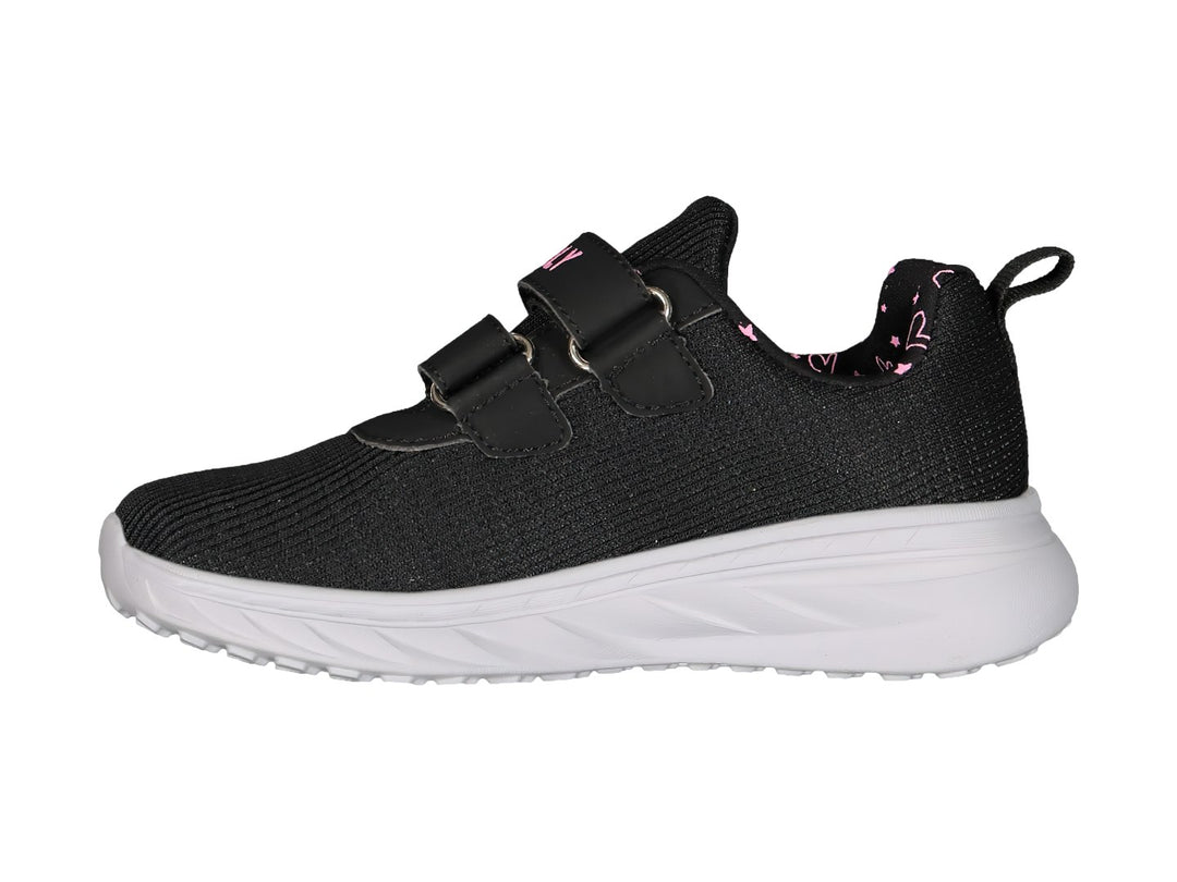 Tenis deportivos Charly color negro con suela blanca y detalles en rosa, cierre de velcro para niños.