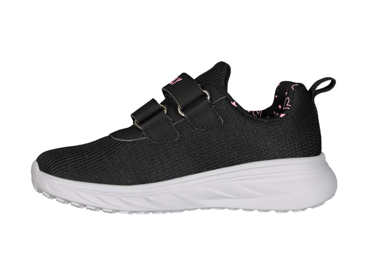 Tenis deportivos Charly color negro con suela blanca y detalles en rosa, cierre de velcro para niños.