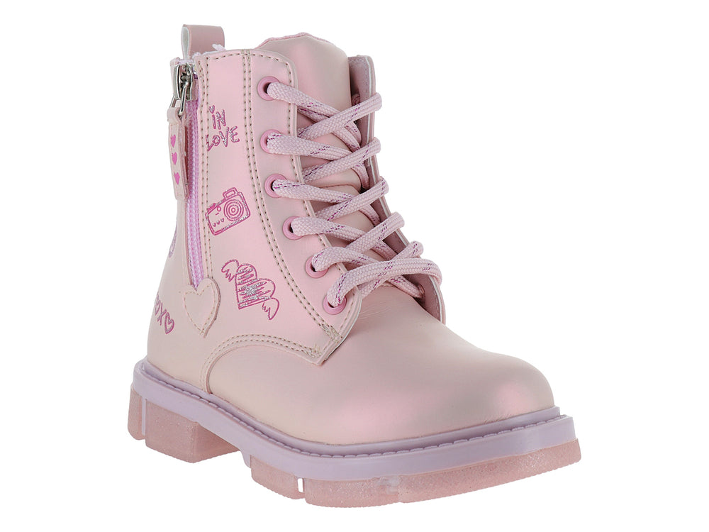Bota rosa para niña con decoraciones de corazones, suela de glitter y cierre lateral.
