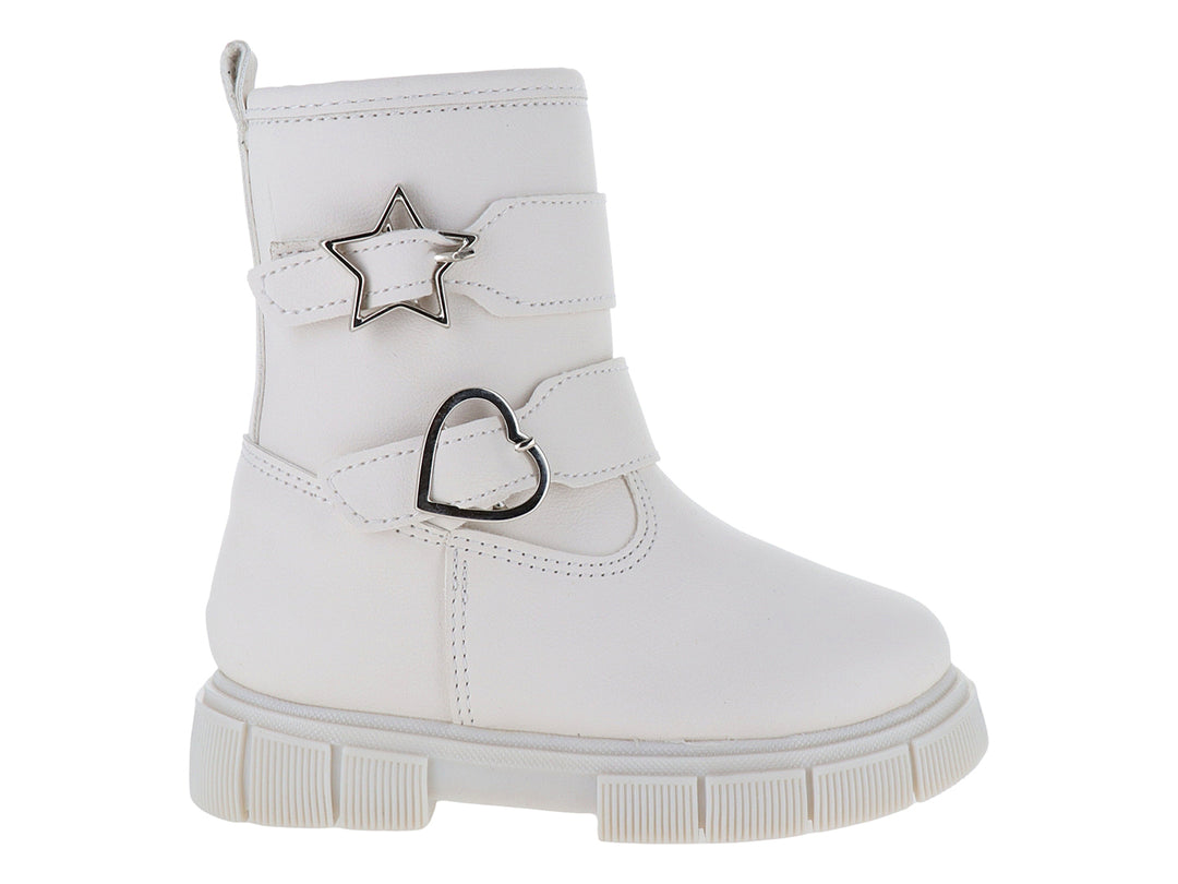Botas blancas para niña con suela gruesa y adornos metálicos de estrella y corazón en el frente.
