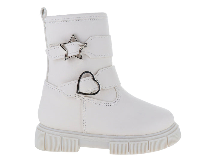 Botas blancas para niña con suela gruesa y adornos metálicos de estrella y corazón en el frente.