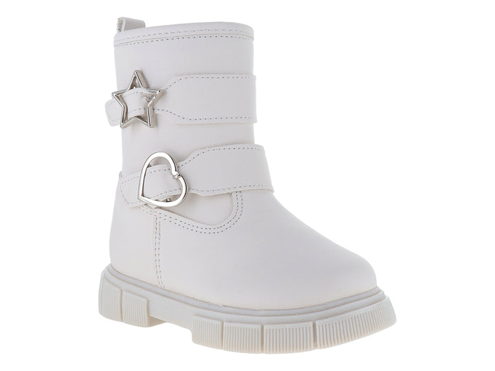 Botas blancas para niña con suela gruesa y adornos metálicos de estrella y corazón en el frente.