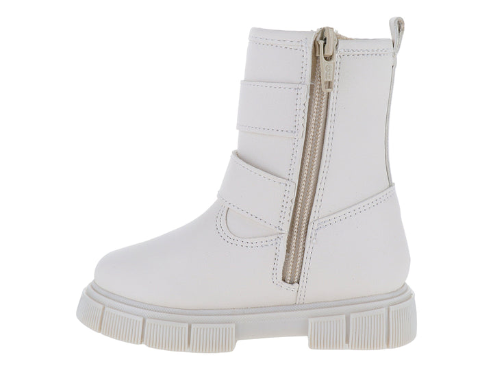 Botas blancas para niña con suela gruesa y adornos metálicos de estrella y corazón en el frente.