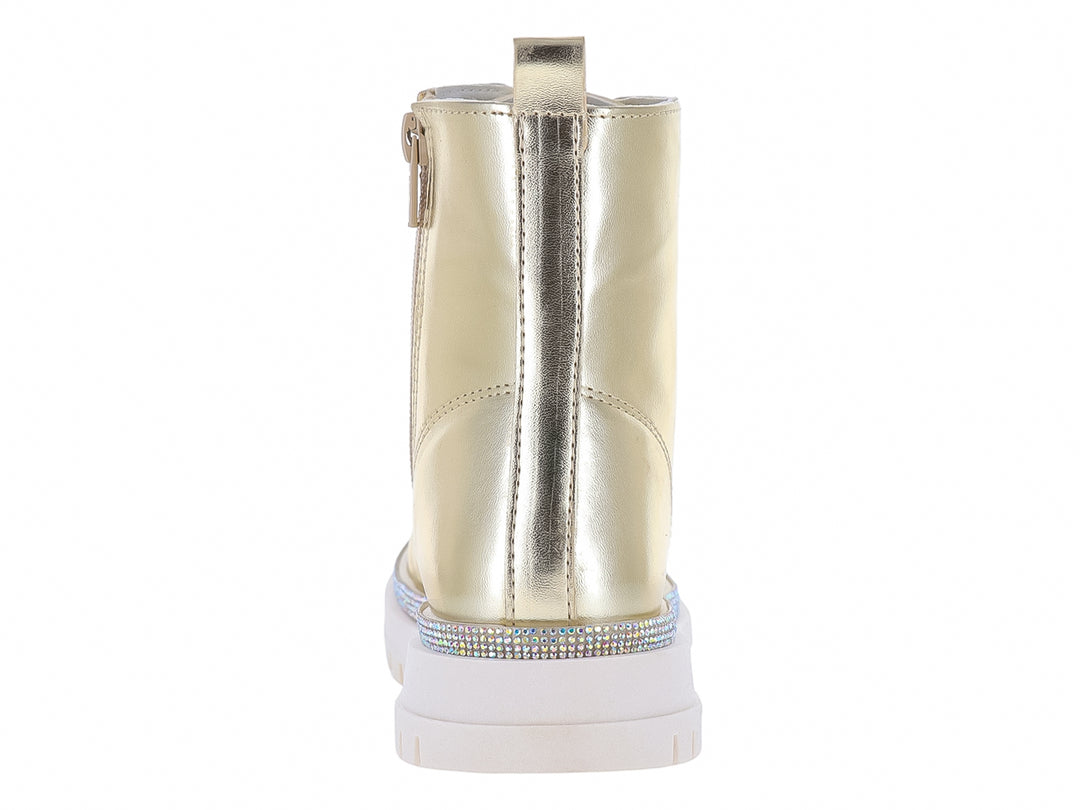 Bota dorada metálica con suela blanca track y detalle de glitter en la base.