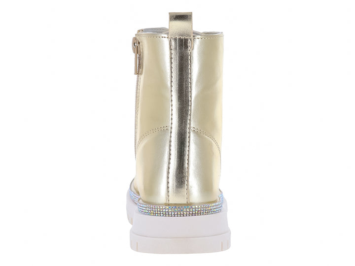 Bota dorada metálica con suela blanca track y detalle de glitter en la base.