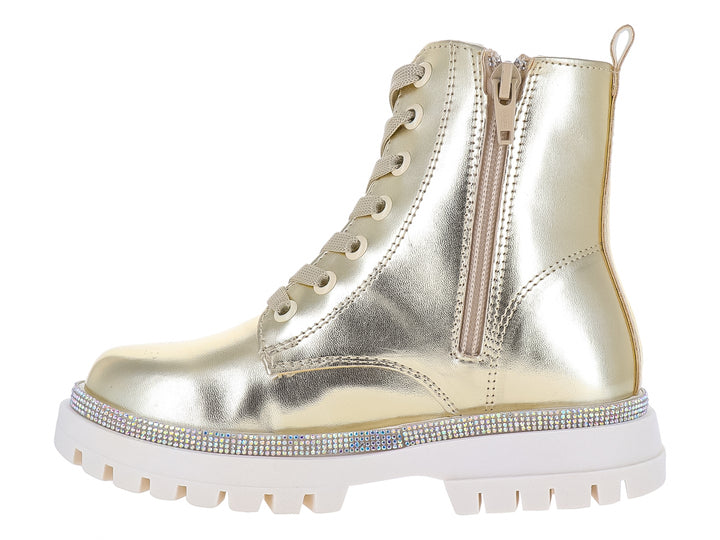 Bota dorada metálica con suela blanca track y detalle de glitter en la base.