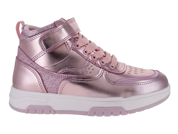 Tenis botín para niña en color rosa metálico con detalles de glitter y suela blanca.