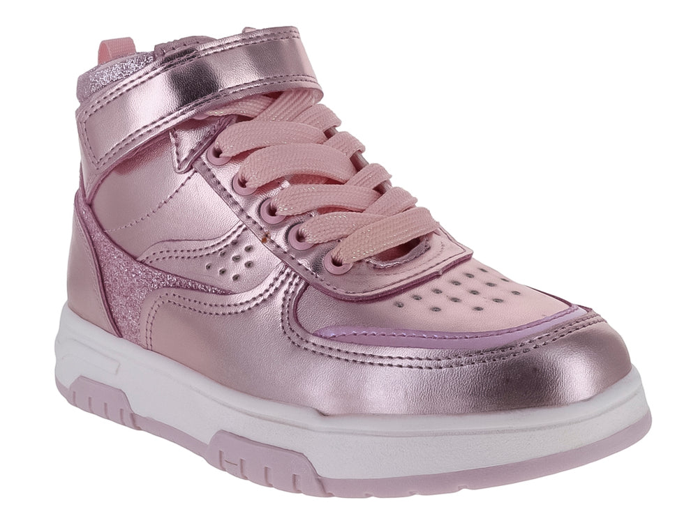 Tenis botín para niña en color rosa metálico con detalles de glitter y suela blanca.