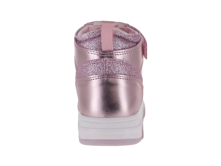 Tenis botín para niña en color rosa metálico con detalles de glitter y suela blanca.